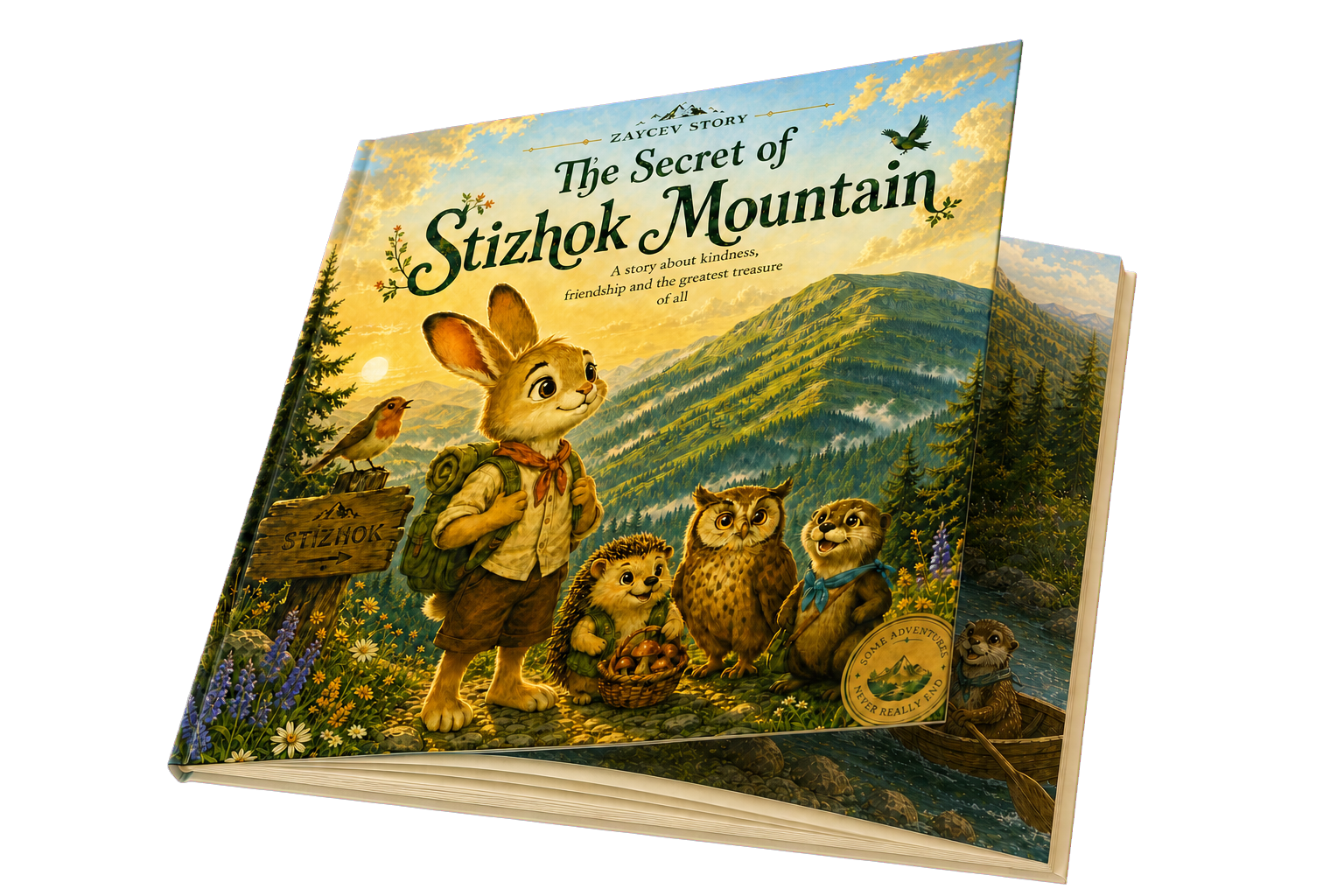 The Secret of Stizhok Mountain picture book partially open to an illustrated page