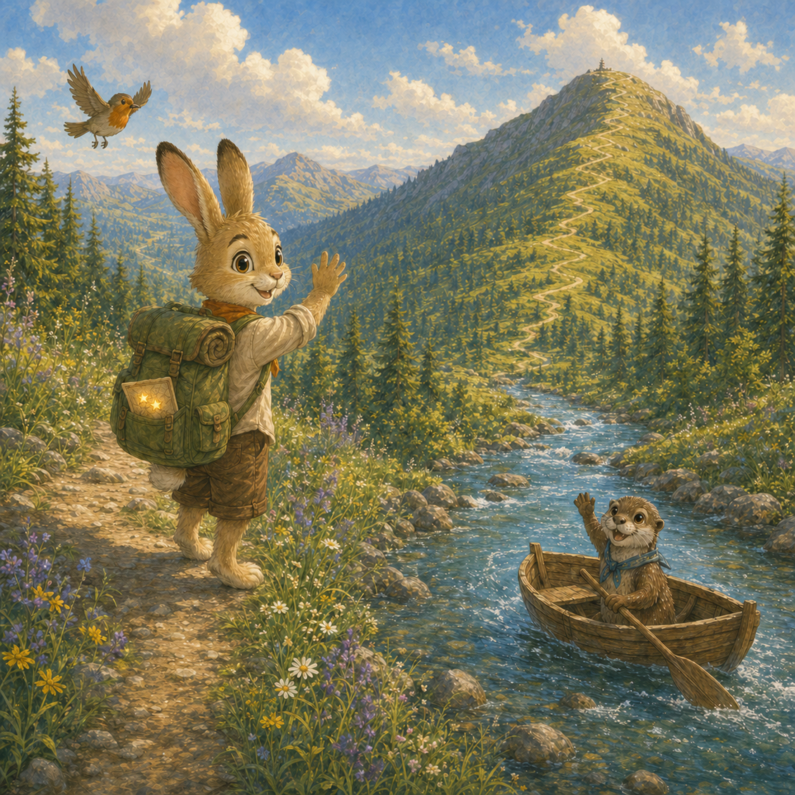 Zai looks toward Stizhok Mountain as Riko rows along the mountain stream